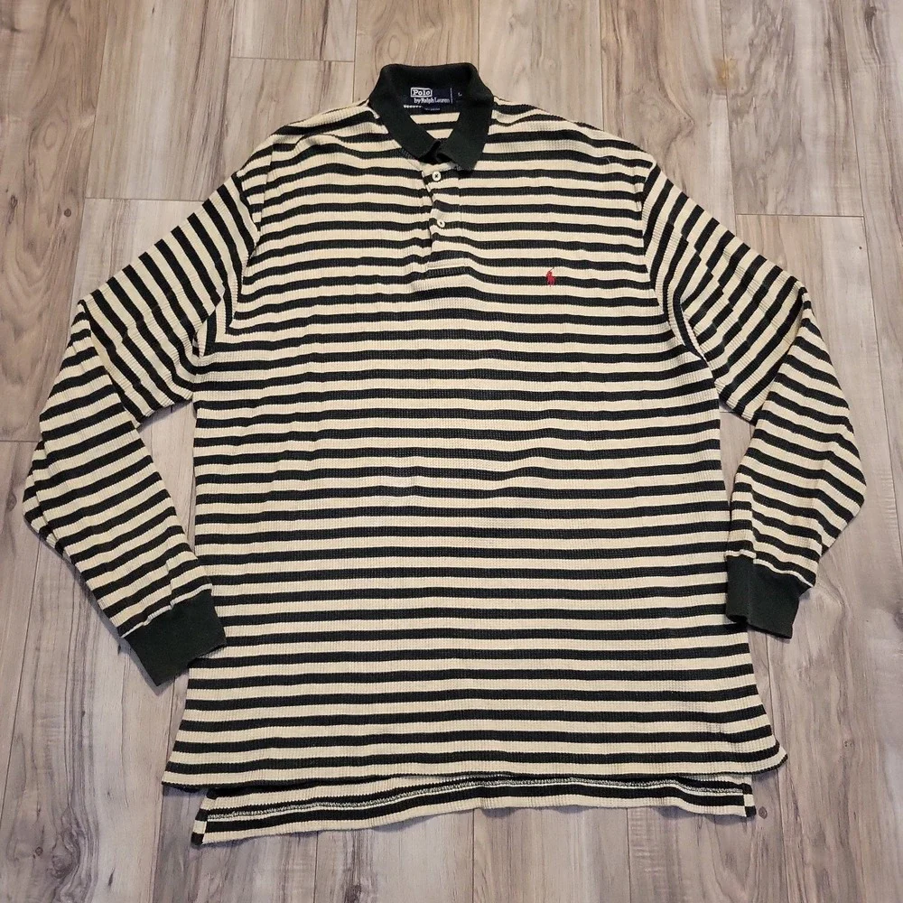 Polo Sport Ralph Lauren Shirt Mens Large Green Striped Waffle Knit Pullover VGT